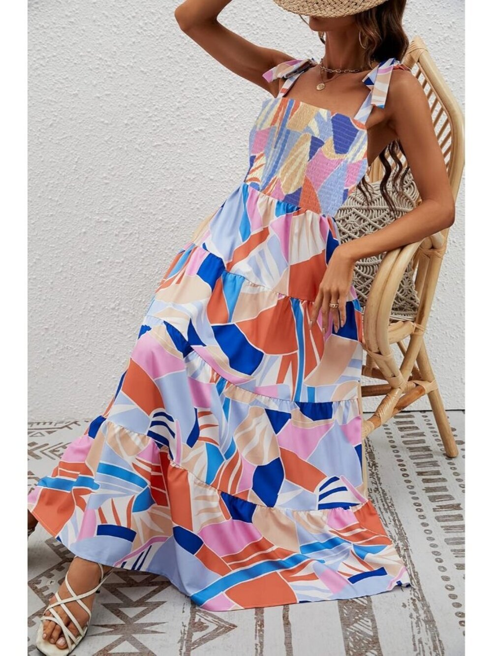 Women's Blue Floral 1 Sleeveless Square Neck Ruffle Flowy Imported Maxi Dress - Picture 6 of 6